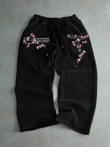 Men's Casual Sporty Long Pants, Sakura Pattern Print, Drawstring Wide Leg, Loose-Fitting, All Seasons, Men's Fashion