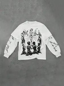 Men's Jesus Print Pullover Sweater, American Retro Style, Fitted Design, Moderate Fabric Thickness, Fall & Winter Fashion