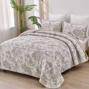 Botanical Set California King Size, Khaki 3 Pieces Toile Floral Plants Printed Bedspread Bedding Set Soft Lightweight Microfiber Coverlet Set for All Season (112"*96")