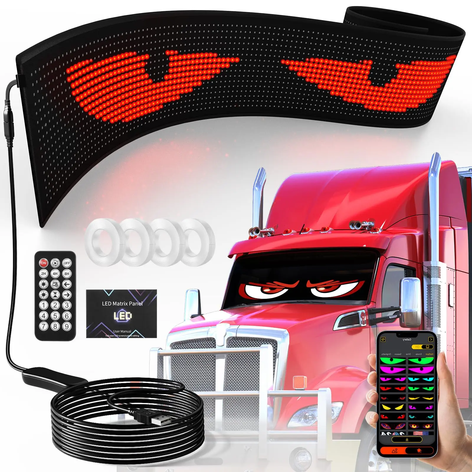 Led Devil Eyes Light For Windshield 69.37x7.56 Inch  Extra Size Diy Car Truck Animated Flexible Smart Colorful Eye Lamp Soft Screen Windows