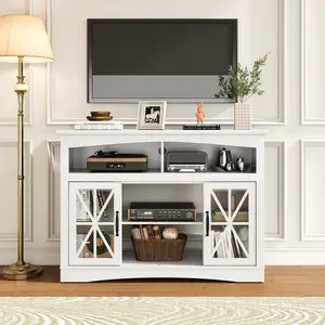Royalcraft 47'' Farmhouse TV Stand, Retro TV Console with Glass Doors & LED Lights, Media Entertainment Center with Adjustable Shelves for 18'' Fireplace, Suitable for Living Room, Kitchen