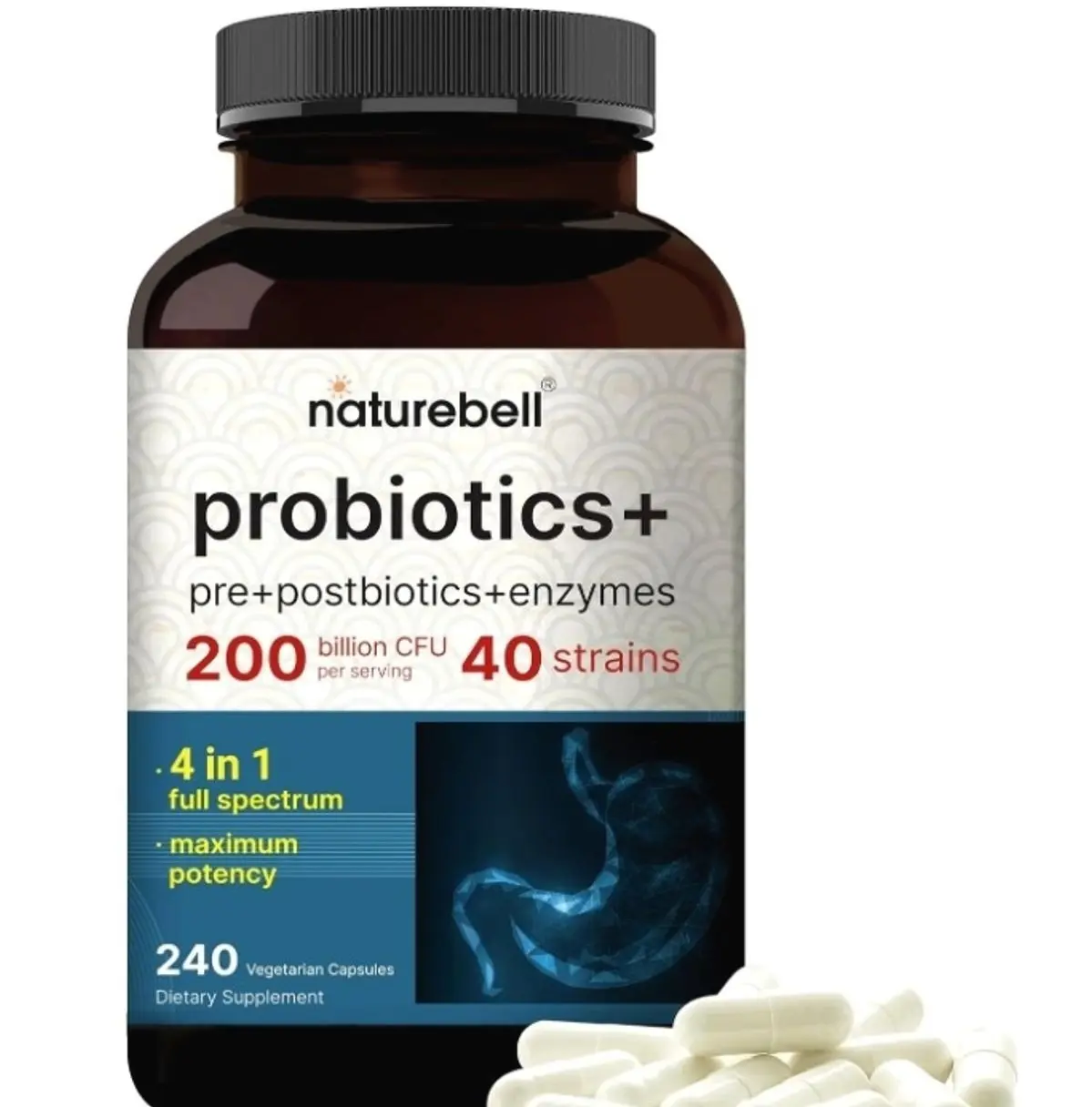 Probiotic 200 Billion CFU – 40 Strains Per Serving | 240 Veggie Capsules with Prebiotics and Probiotics – Full Spectrum Complex with Enzymes – Daily Probiotics for Women & Men