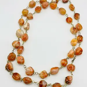 Carnelian Undrilled cage boho vintage wrapped retro gemstone necklace 42”