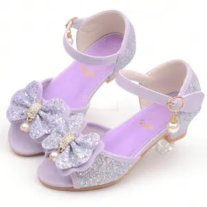 Girls' sandals, purple high heels, bow shoes, crystal princess shoes, children's shoes