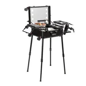 VEVOR Makeup Train Case with Lock, Lighted Mirror, 4 Storage Trays, Brush Holder, Travel Cosmetic Organizer Box w/ Swivel Wheels, Professional Artist Trolley Studio Free Standing Case