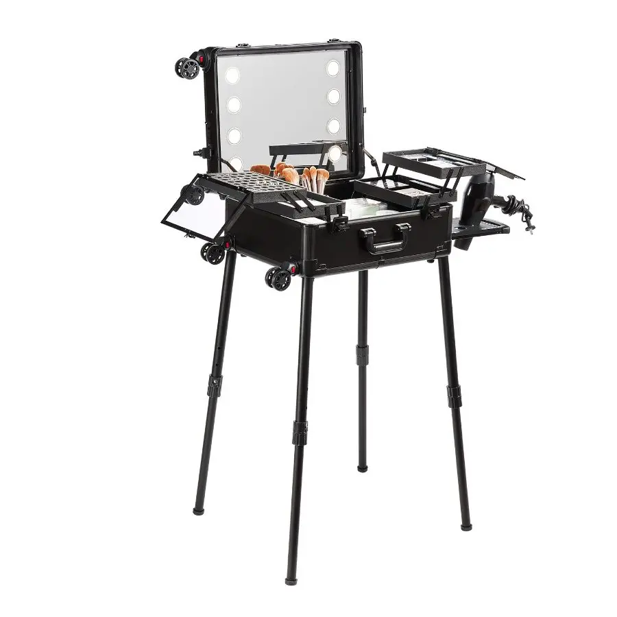 VEVOR Makeup Train Case with Lock, Lighted Mirror, 4 Storage Trays, Brush Holder, Travel Cosmetic Organizer Box w/ Swivel Wheels, Professional Artist Trolley Studio Free Standing Case
