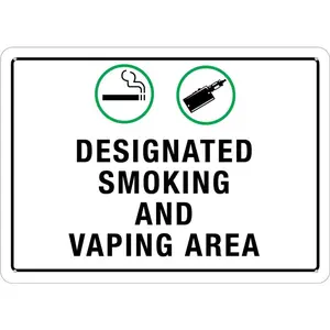 Designated Smoking And Vaping Area Wall Sign 8 X 12 Inches Rust Free Aluminum - Uv Protected, Waterproof, Weatherproof And Fade Resistant - 4 Pre-Drilled Holes