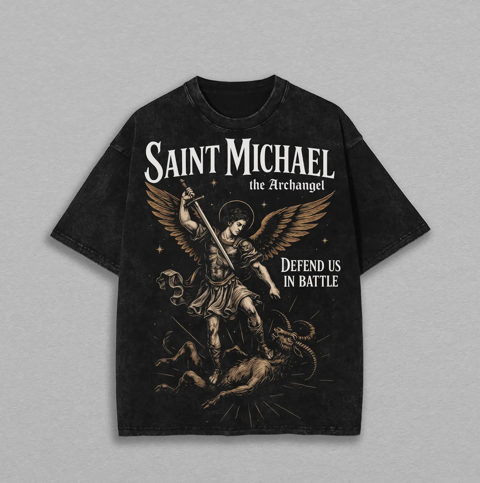 BACK TO SCHOOLSaint Michael Archangel Washed Graphic T Shirt, Defend Us In Battle Shirt, Catholic Warrior Tee, Religious Vintage Shirt,Christian Faith Tee fathersdaygift