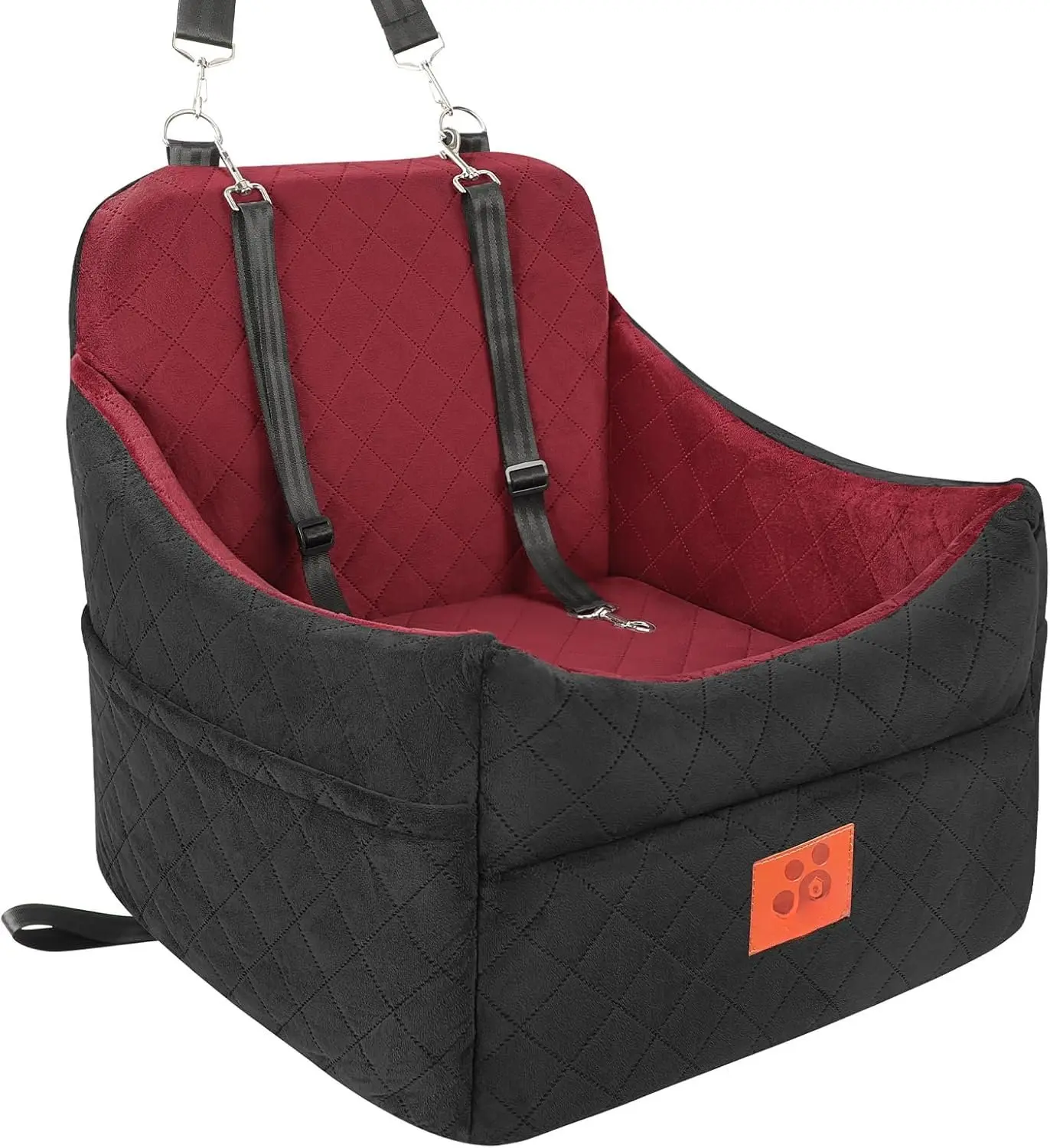 Seat for Small/Medium Dogs,  Booster  Seats with Thick Cushion for Dogs Under 35lbs, Detachable Washable Pet  Seat with Storage Pockets, 2 Safety Belts(Black/Red)