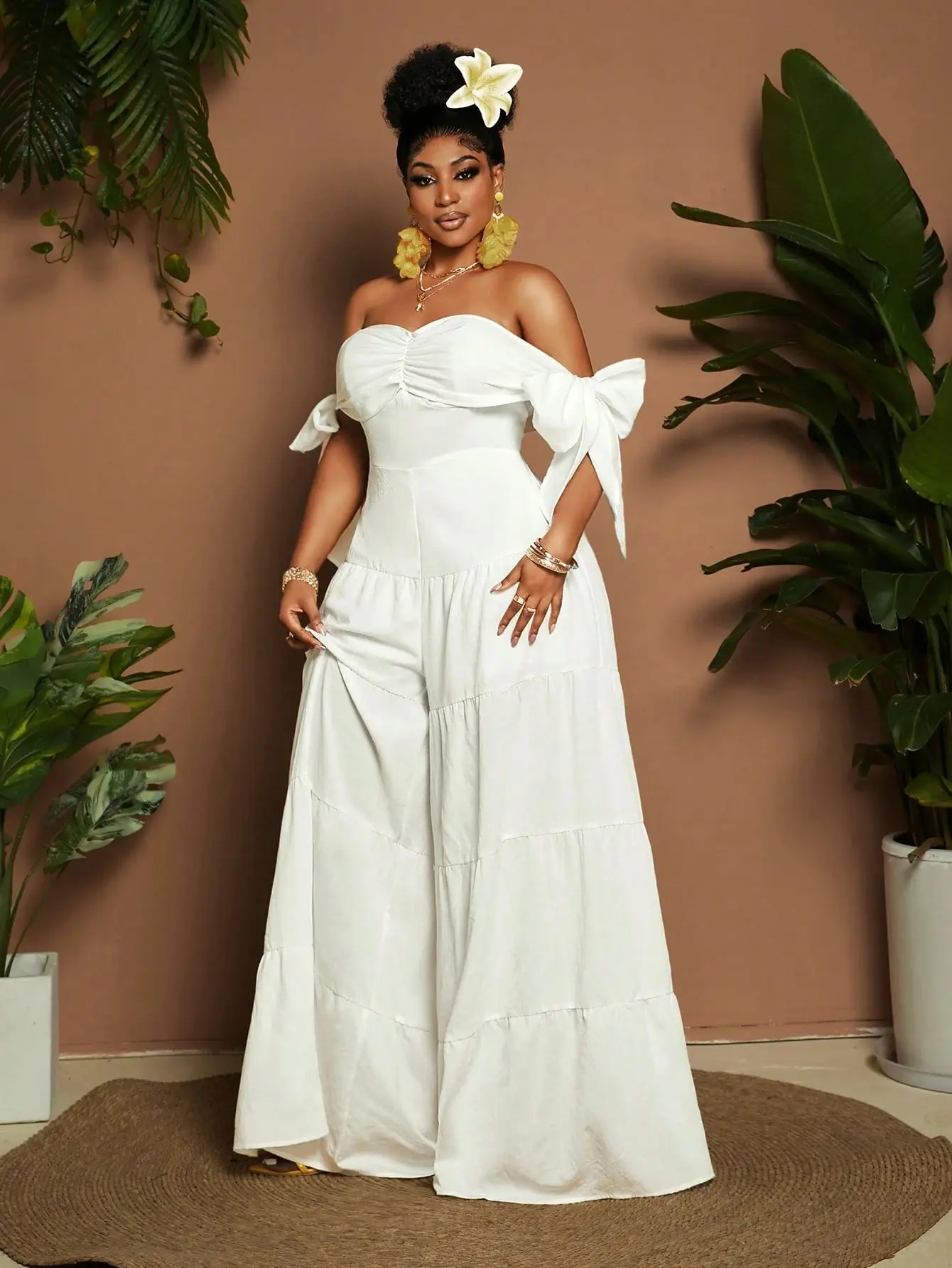 Women Plus Size Jumper Solid Color Off-Shoulder Wide Leg Fashionable Fabric Fit
