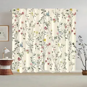 Floral Print Curtains Set of 2, American Country Style Polyester Drapes, Rod Pocket Installation, Suitable for Living Room Bedroom Dining Room Kitchen, Interior Decoration Accessories