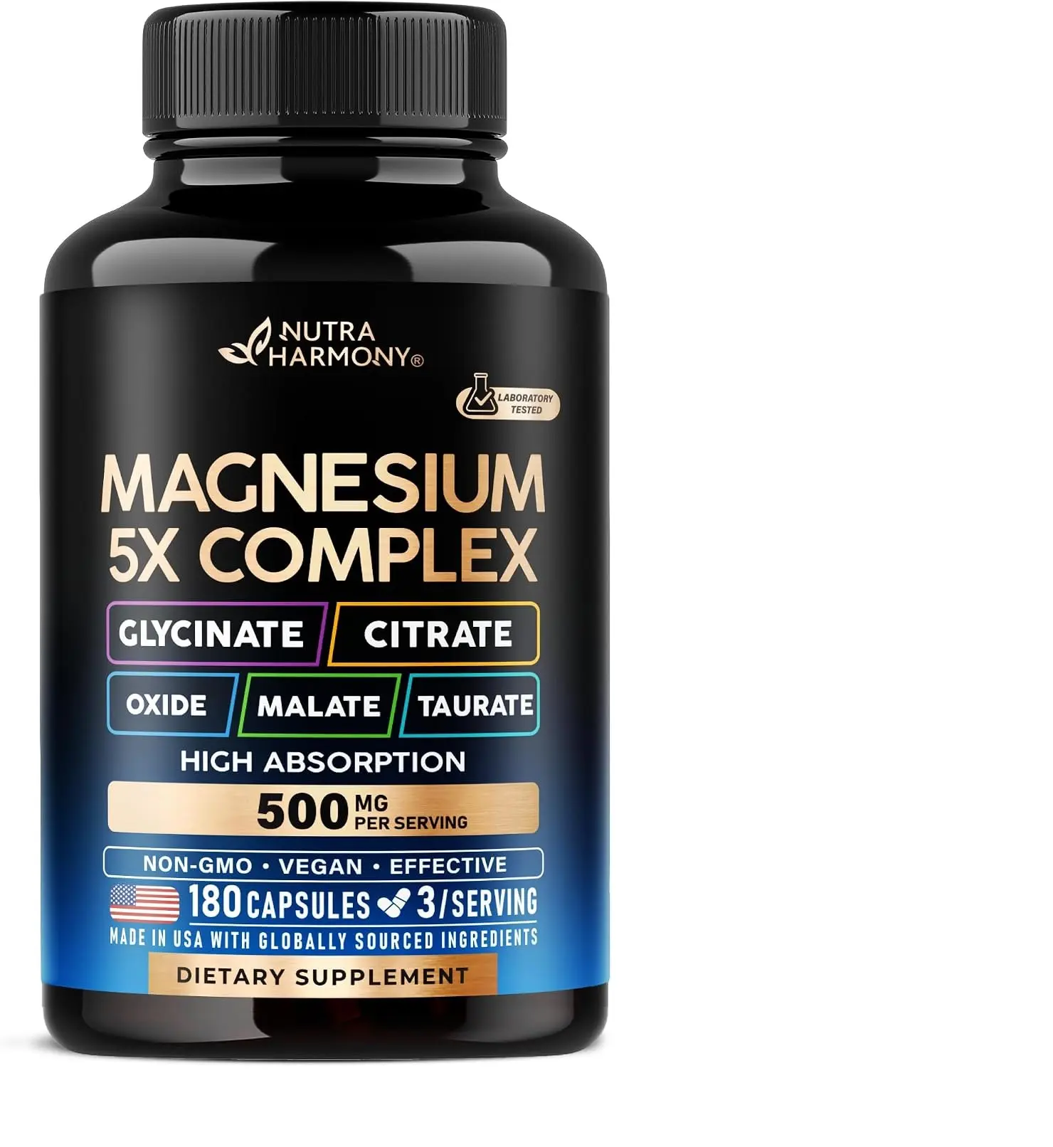 5-in-1 Magnesium Supplement 500 mg - for Women & Men - Stress, Muscle & Heart Support - Laboratory Tested - Vegan, Non-GMO