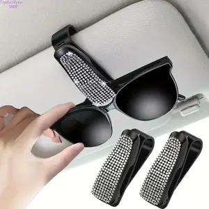 1Pc Multifunctional Car Sunshade Clip, Bling Rhinestone Decor Car Sun Visor Glasses Holder, Universal Car Eyeglasses Organizer, Cute Sparkling Interior Accessories for Women & Girls, Durable Easy-Use Car Decor Gift