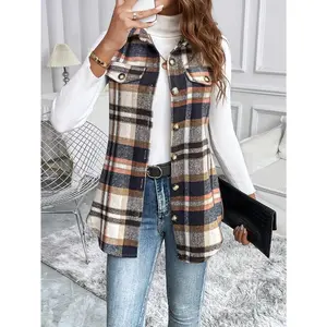 Women'S Plaid Vest with Button Detail, Woven Polyester, Casual Tone-On-Tone Design, Adult All-Season Vest with Standard Collar - YOUNG Style
