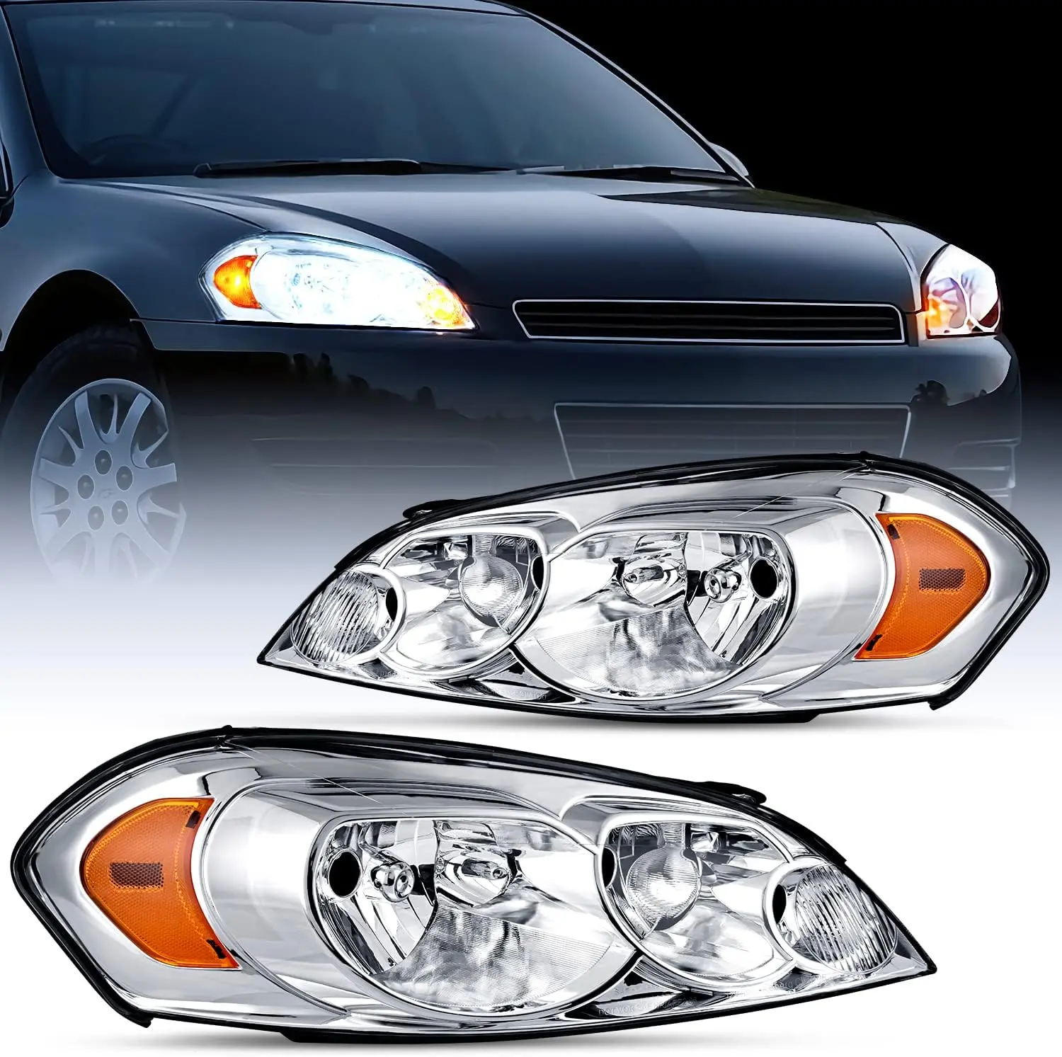 Nilight LED Headlight Assembly - Waterproof Chrome Housing, Amber Reflector, Headlight Waterproof, LED Front Lights - Car Replacement Headlamp Compatible with 2006-2016 Impala, 2006-2007 Monte Carlo
