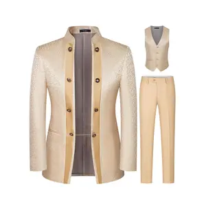 Luxury & Premium Feel Champagne Stand Collar Single-Breasted Men's 3-Piece Suit with Subtle Pattern Blazer Vest Pants Formal Wear for Wedding, Dinner Party & Date