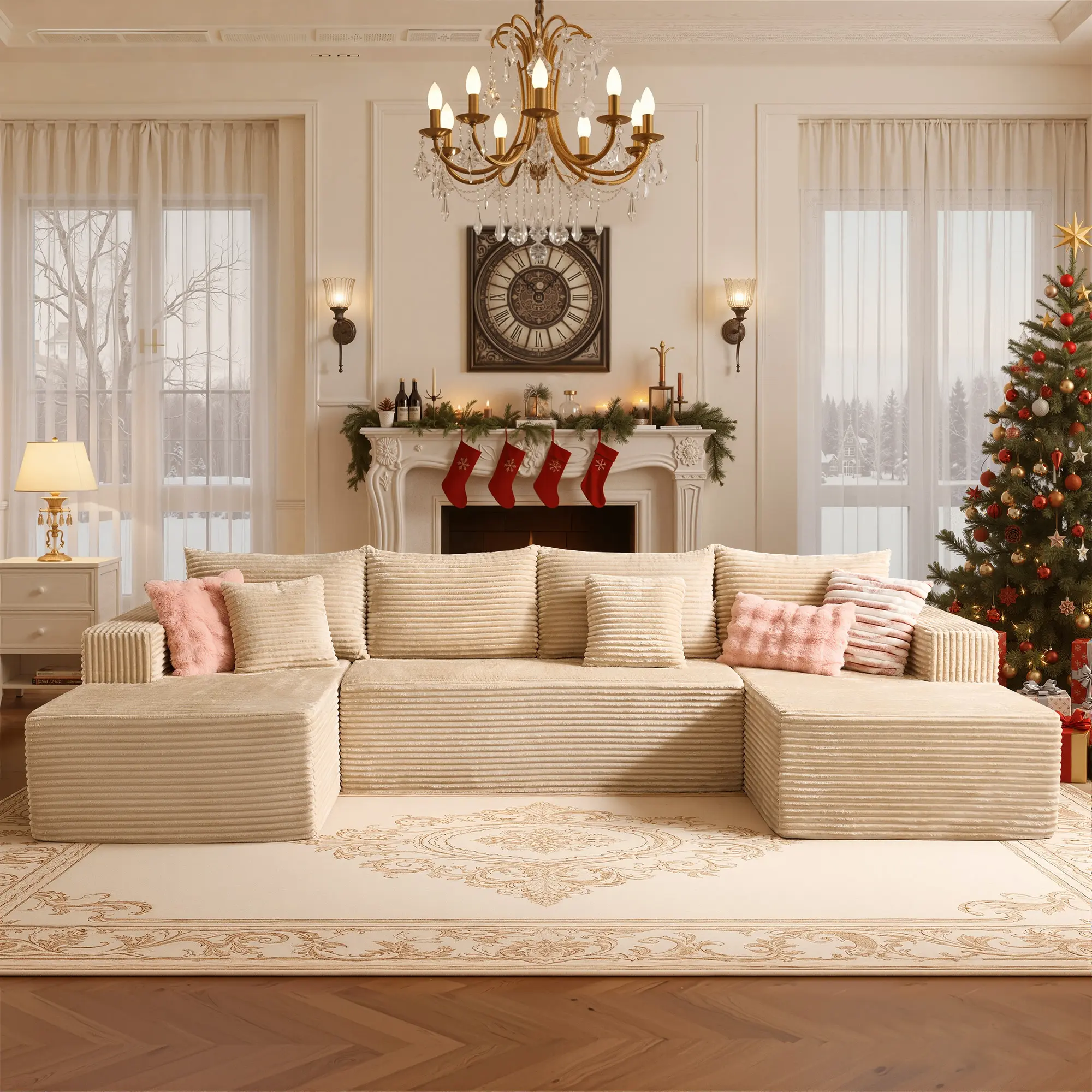 U Shaped with 2 Chaise | Beige Plush