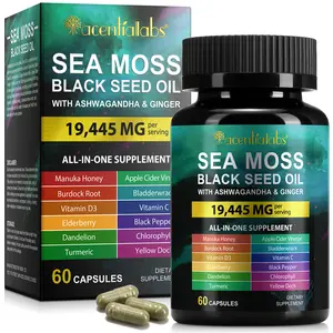 Acentiallabs Sea Moss Black Seed Oil Ashwagandha Ginger, Sea Moss Capsule Supplement with Turmeric Burdock Root Bladderwrack Vitamin C Vitamin D3 Enhanced Immunity & Energy Sea Moss Black Seed Oil Capsule 60 Count