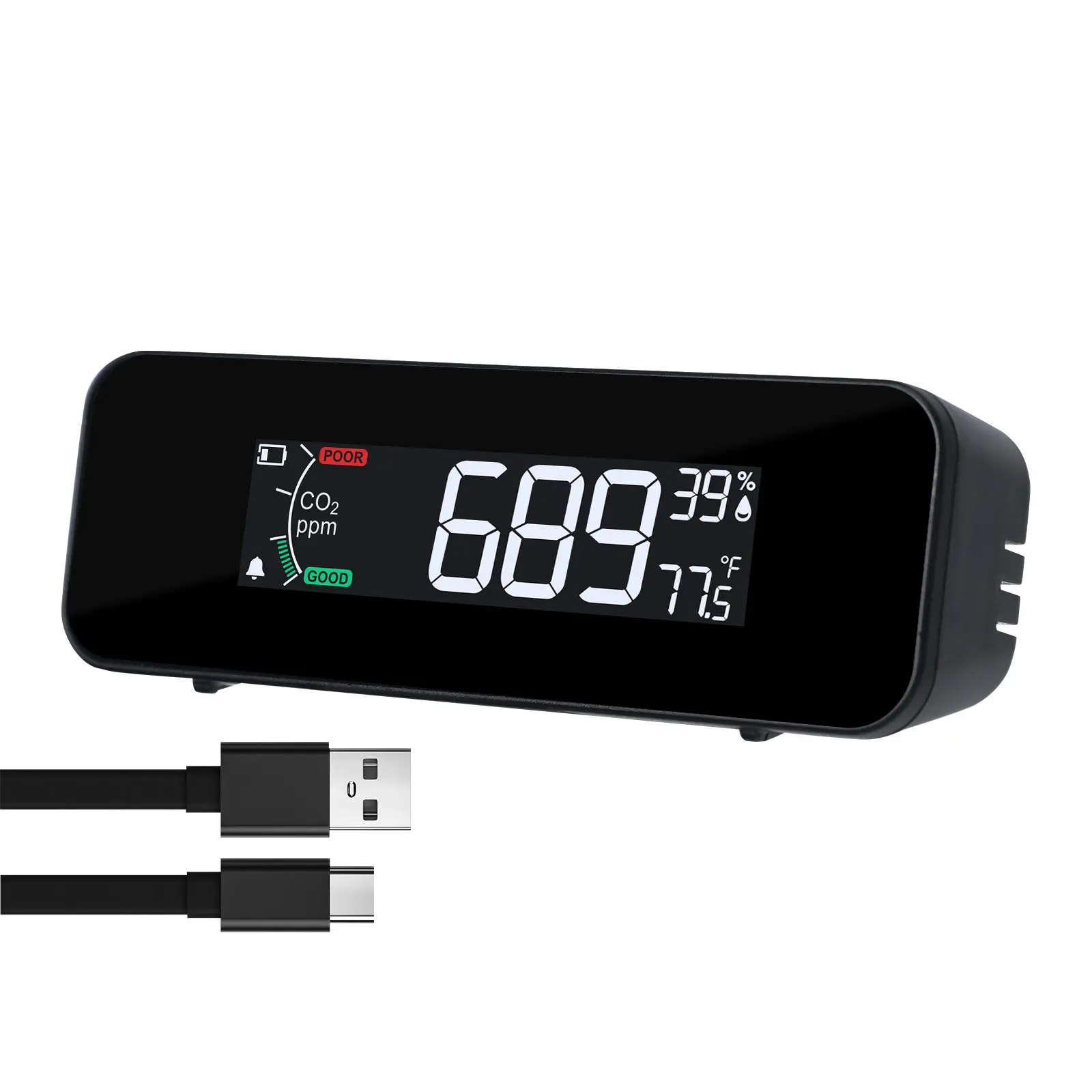ILAQ-481 Portable CO2 Monitor with NDIR Sensor, 0-5000ppm CO2 & 0-50°C (32-122°F) Measurement, 3-Color Air Quality Alert, Rechargeable 40+ Hour Battery, USB-C Charger, High Accuracy for Schools