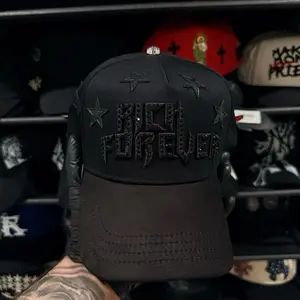 1:1Barbas Hats - Rich Forever  Black Baseball Cap with Star Embroidery and Bold Lettering Design