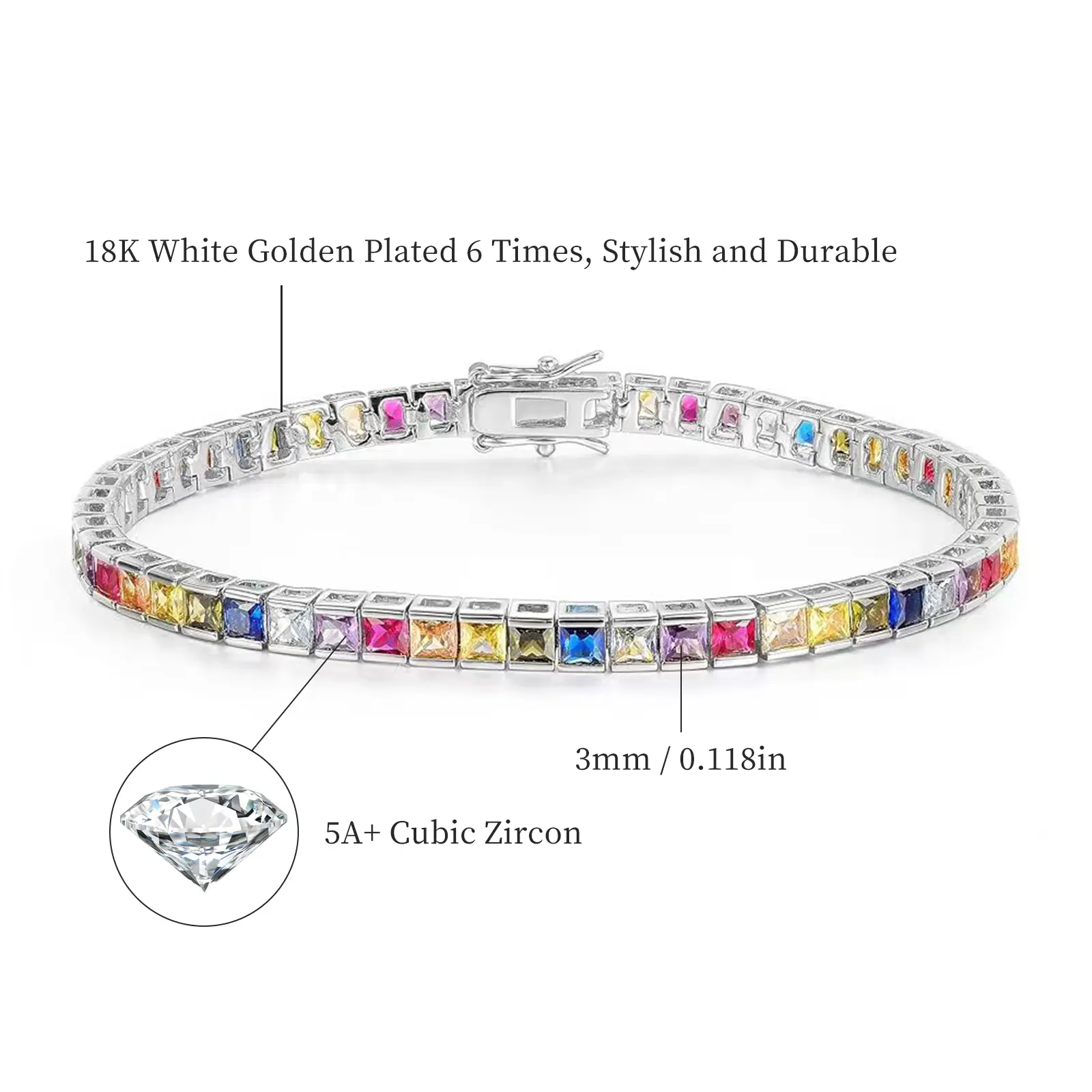 Gemsme 3 * 3mm Rainbow Square Tennis Bracelet, 3.0mm Thin 18K White/Yellow Gold Plated Square Colorful Cubic Zirconia Tennis Bracelet men for Women ATS60011Q