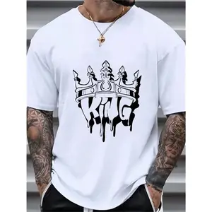 Men's KING letter pattern printed T-shirt, crown pattern, soft round neck, comfortable fit, slightly elastic knitted fabric, suitable for adults' casual summer, gift for him, festival, leisure, clothing, simple and trendy