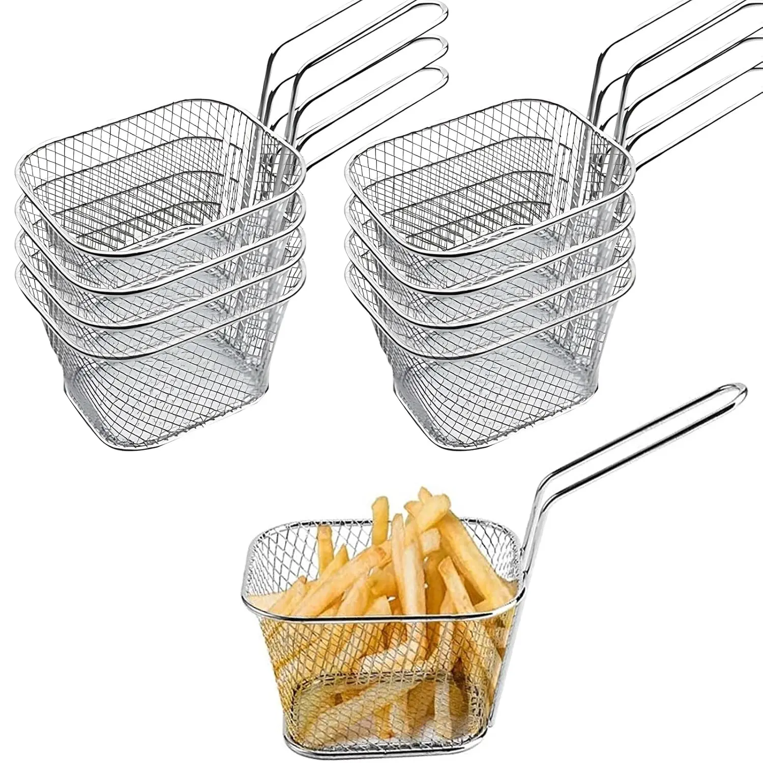 8 count Mini Square Fry Baskets, 4.133.32.5inch Stainless Steel Fry Basket with Handle Steel  Fry Chip Basket  Fries Desk  Presentation Mesh Basket Kitchen Cooking Tool