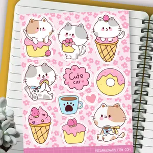 Cute Cat Sticker Sheet, Kawaii Kitten Stickers, Pink Aesthetic Dessert Cat Planner Stickers, Scrapbooking Journal Summer Decor