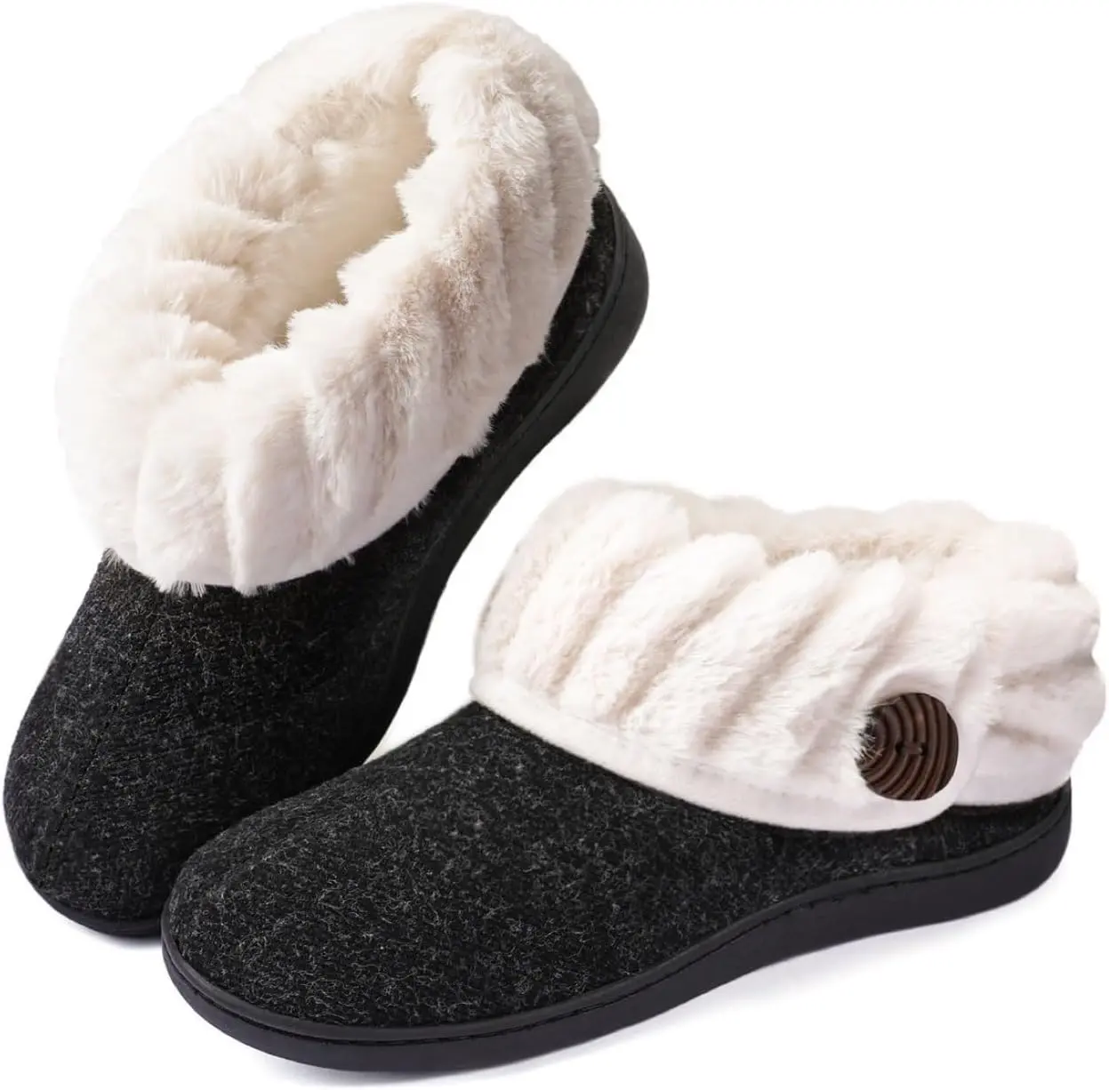 Wishcotton Women's Cozy Wool Memory Foam Winter Slippers with Faux Fur Collar for Indoor and Outdoor Use