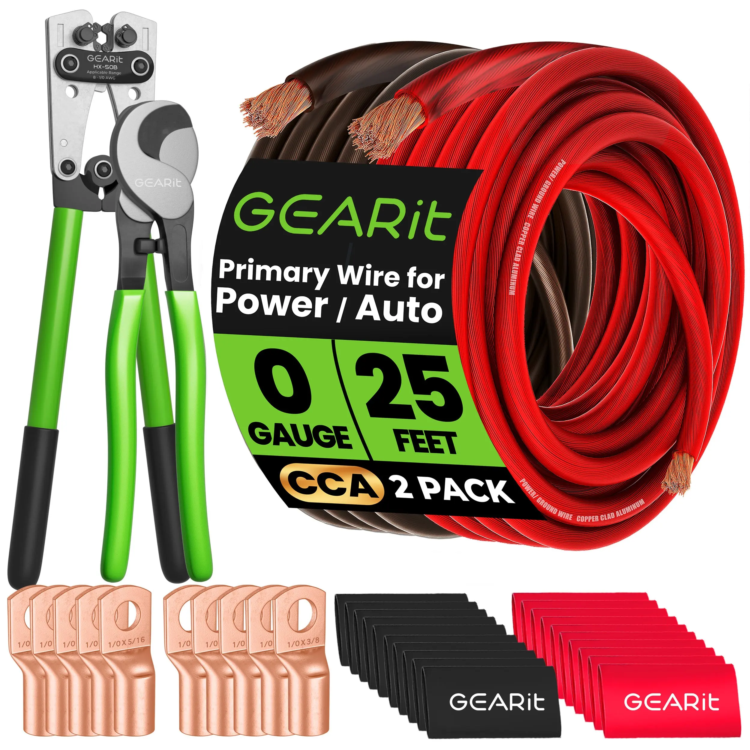 GEARit 0 Gauge CCA Ground Wire Kit - 25 ft Black & Red with Crimper, Cutter, Lugs, Heat Shrink