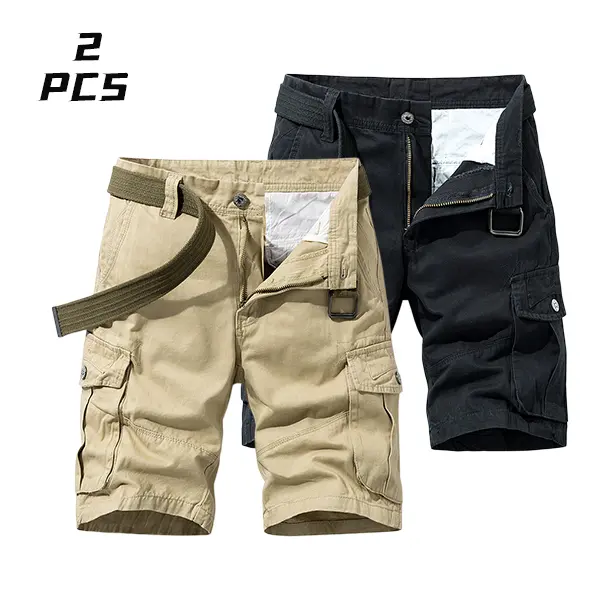 Men's 2-Pack Pure Cotton Casual Cargo Shorts - Mid Waist, Retro, Fitted Cut, Soft, Skin-Friendly, Durable, Multi-Pockets - Camping&Hiking, Hiking-Ready Wear, Durable for Outings