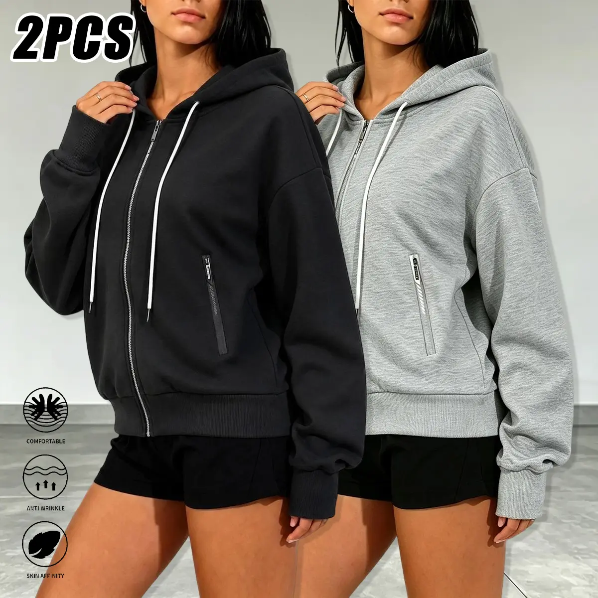 Women’s casual hooded sweatshirt cardigan 2-pack, lightweight women’s outerwear, solid color tops, suitable for outdoor sports and casual wear, women’s clothing, women’s sweatshirts, women’s tops