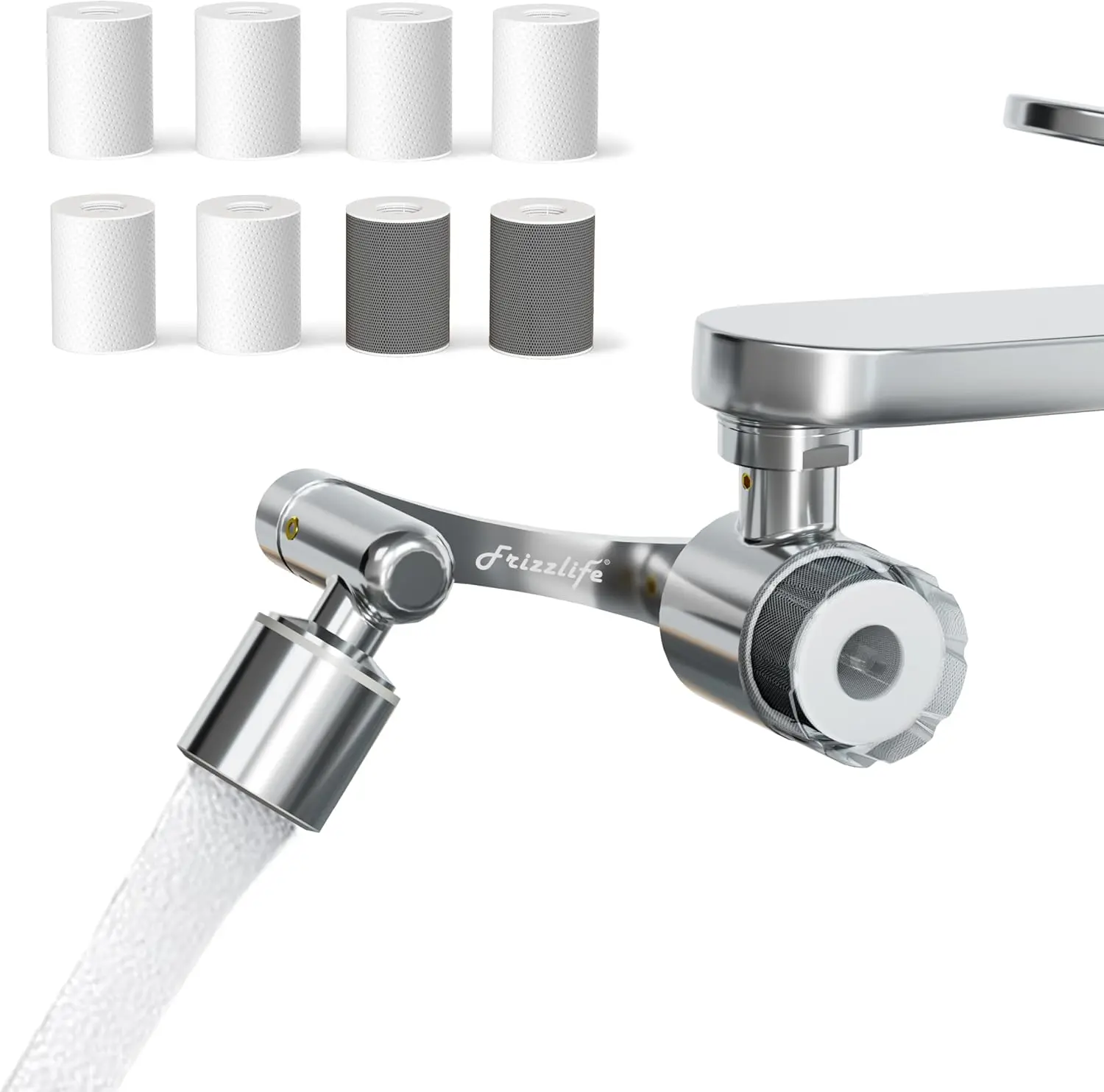 Frizzlife Splash-proof Sink Faucet Extender with 1080° Rotating Tap Aerator, 99% Lead Chlorine Reduction, 2 Modes Spray Attachment, 9pcs Filter for Kitchen Bathroom Toddlers
