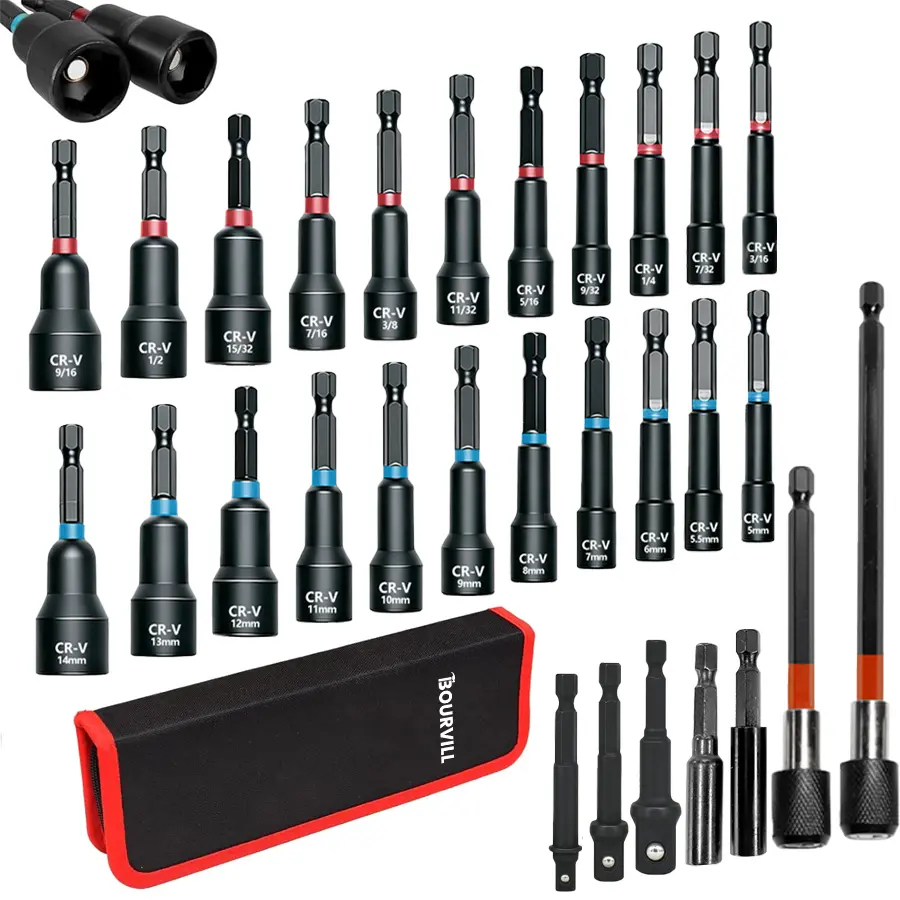 29PCS Magnetic Nut Driver Set, Impact Drill Driver Bit 1/4" Hex Shank, SAE & Metric Cr-V Steel Power Nut Drivers with Quick-release Extensions, Impact Socket Adapters, Bit Holder and Storage Bag ID:1732439427035205750  SKU: BVL-LCFB029BK