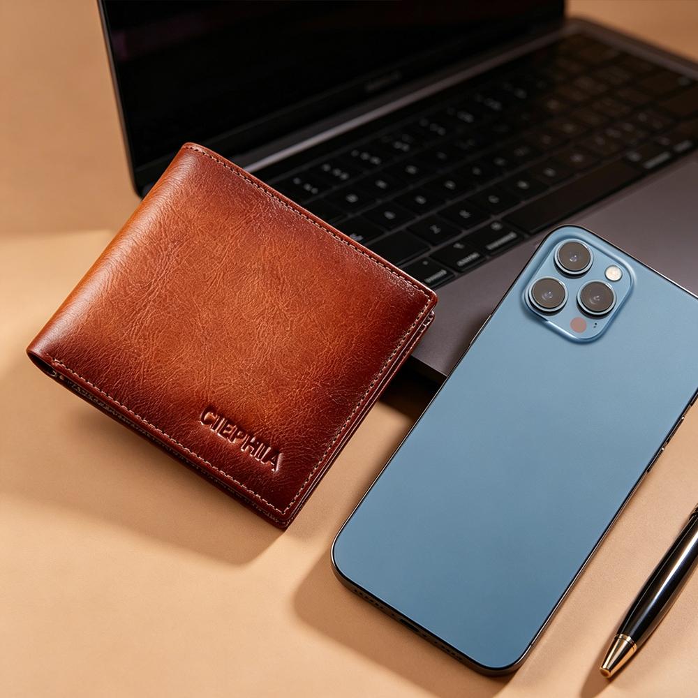 Men's Genuine Leather RFID Blocking Protection Wallet Retro Bifold Short Multifunction ID Credit Card Holder With 2 ID Wallets