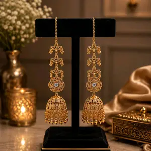 Traditional Antique Gold Plated Ear Chain Jhumkas with Leaf Detailing