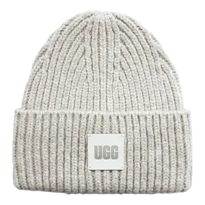UGG Chunky Rib Beanie Women's Light Grey Cozy Knit Fold-Over Cuff Logo Patch Insulating Warmth SKU 20061-LGRY