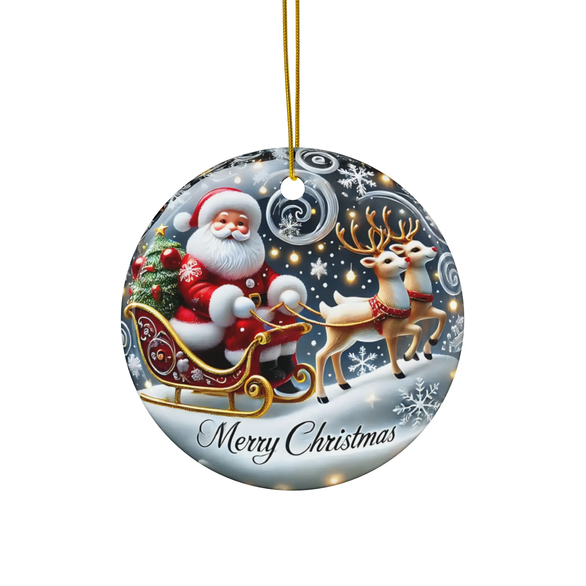 Ceramic Ornament - Christmas Sleigh with Santa and Reindeer - Holiday Decor, Tree Decoration, Red Ribbon, Festive Ornament, Winter