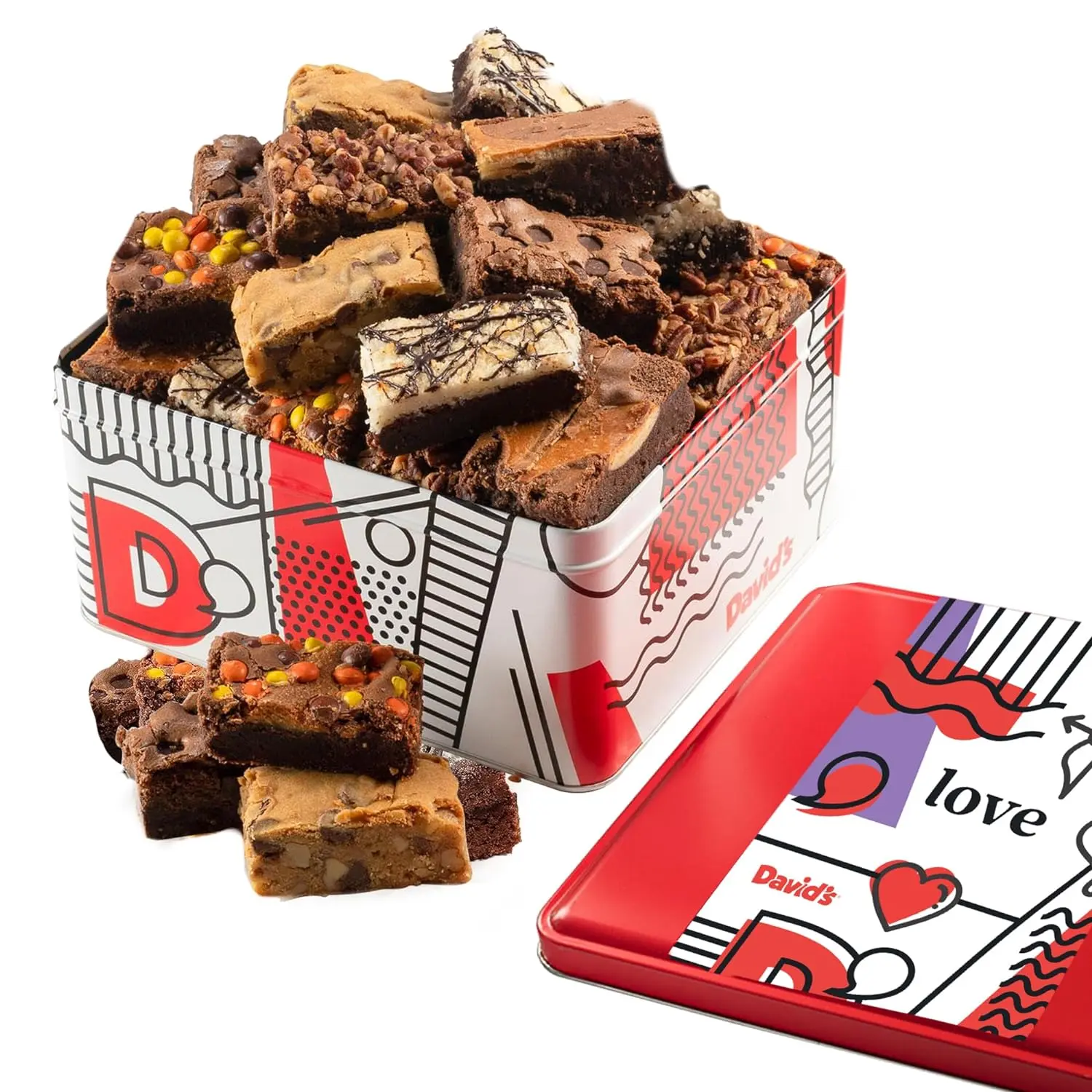 DAVID'S COOKIES Assorted Gourmet Brownie Gift Love Tin - 20 Individually Wrapped Brownies, Delicious Variety of Flavors, Fresh Baked Snacks - Ideal Brownies Gift For Anniversaries and Special Occasions