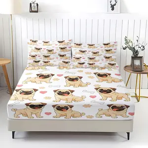 Puppy Dog Bed Sheet Set Cartoon Pug Dog Print Sheets 3D Animal Theme Bedding Set Cute Pug Dog Fitted Sheet Bedroom Collection 3 Pcs Full Size