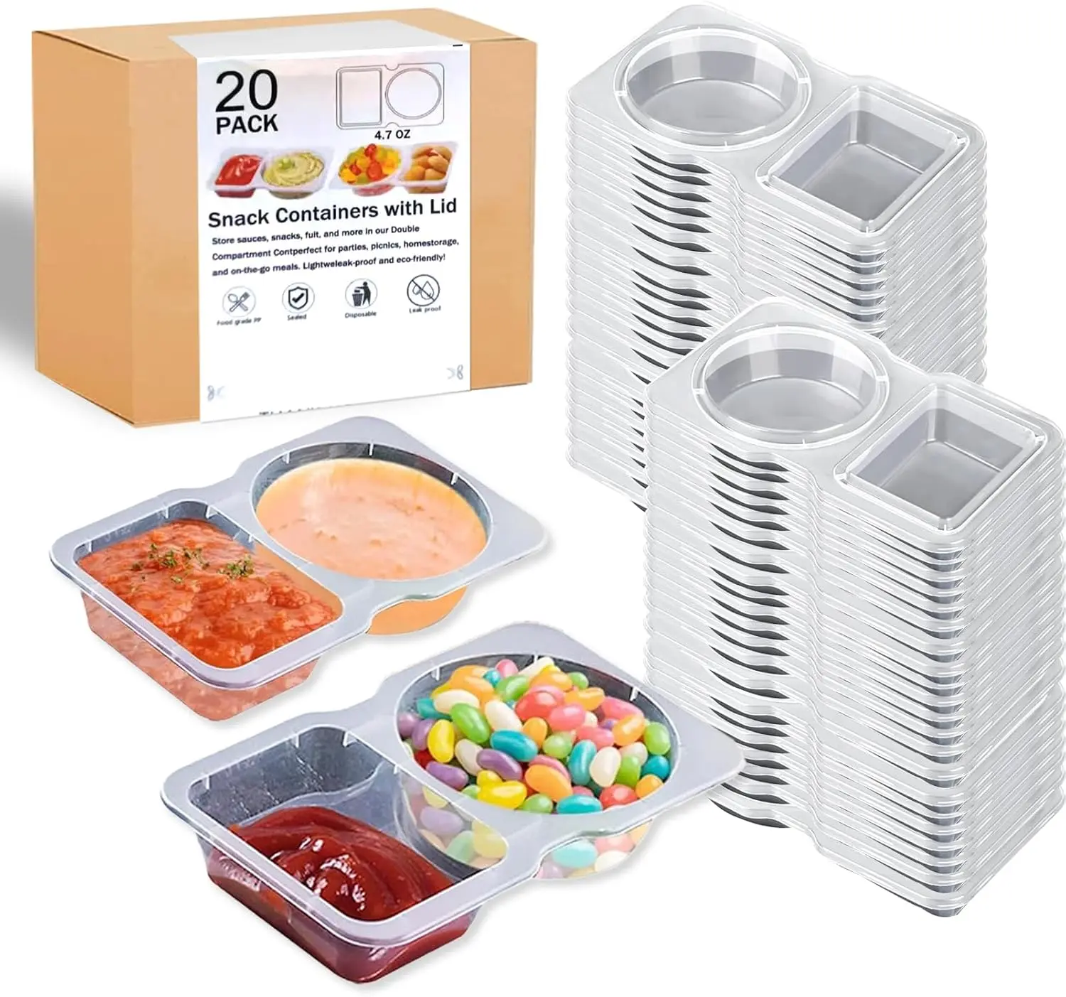 20 Set Snack Containers with ,  Snack Pack Containers,Leakproof Dipping Containers with 2 Compartments,Portion Control Condiment Container, for Travel, Picnic,Togo,Refrigeration