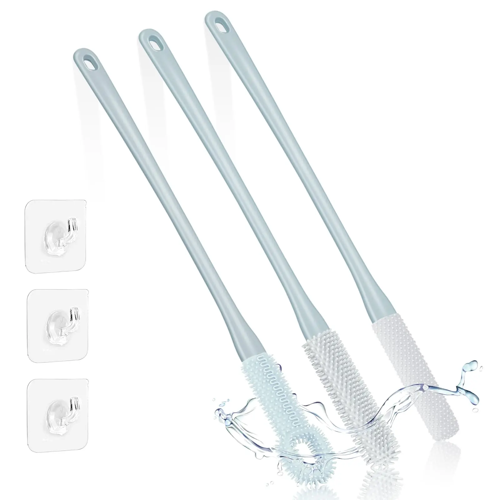 3-Pack Long Handle Silicone Foot Scrubber for Shower – 15.7" Soft Bristle Back & Feet Cleaner, Exfoliating Foot Care Tool for Elderly, Men & Women (Grey)