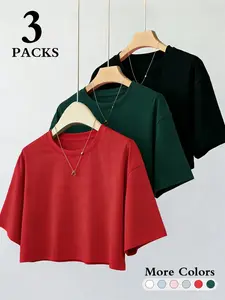 Women Solid Color Cropped Crew Neck Loose T-Shirt (3 Packs), Minimalist Basic Style, Soft Breathable Fabric, Perfect for Daily Outings, Campus Looks & Casual Wear