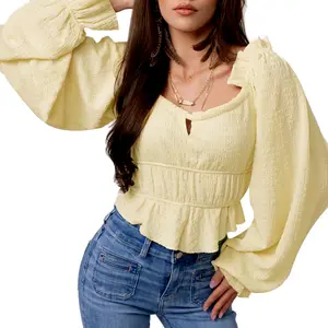 Woman's Light Yellow Square Neck Puff Long Sleeve Smocked Waist Ruffle Hem Breathable Textured Jacquard Soft Stretch Versatile Waist-Cinching Flattering Casual Top for Spring Autumn Daily Dating Campus Travel Vacation Outings