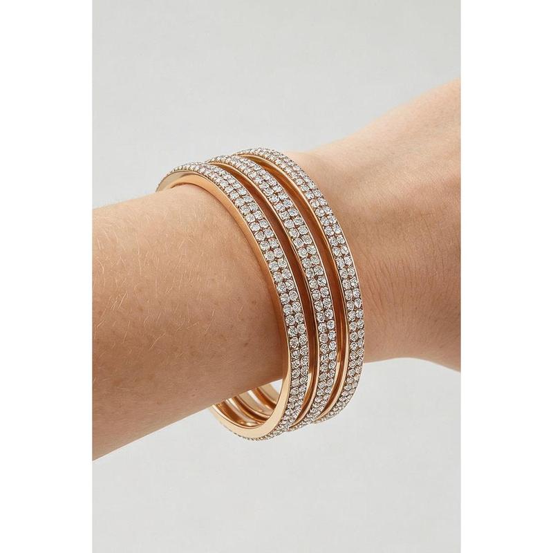 Elara Women's Triple Bejeweled Cuff Bracelet - 3-Row Multi-Band Pavé Crystal Gold-Tone Open Bangle, Bold Glam Statement Wrist Jewelry for Bridal, Date Night
