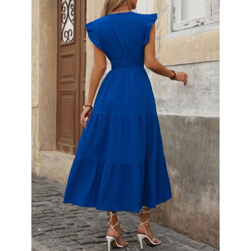 SHEIN Clasi Women Summer Solid Color V-Neck Cap Sleeve Waist Elastic Hem Elegant Dress With Ruffle Hem Maxi Women Outfit