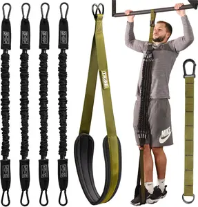 Pull Up Assistance Bands Set - 4 Heavy-Duty Pull Up Bands, Height Adjustable Strap & Comfortable Foot Strap - Stackable Pull Up Resistance Bands for Pull Ups