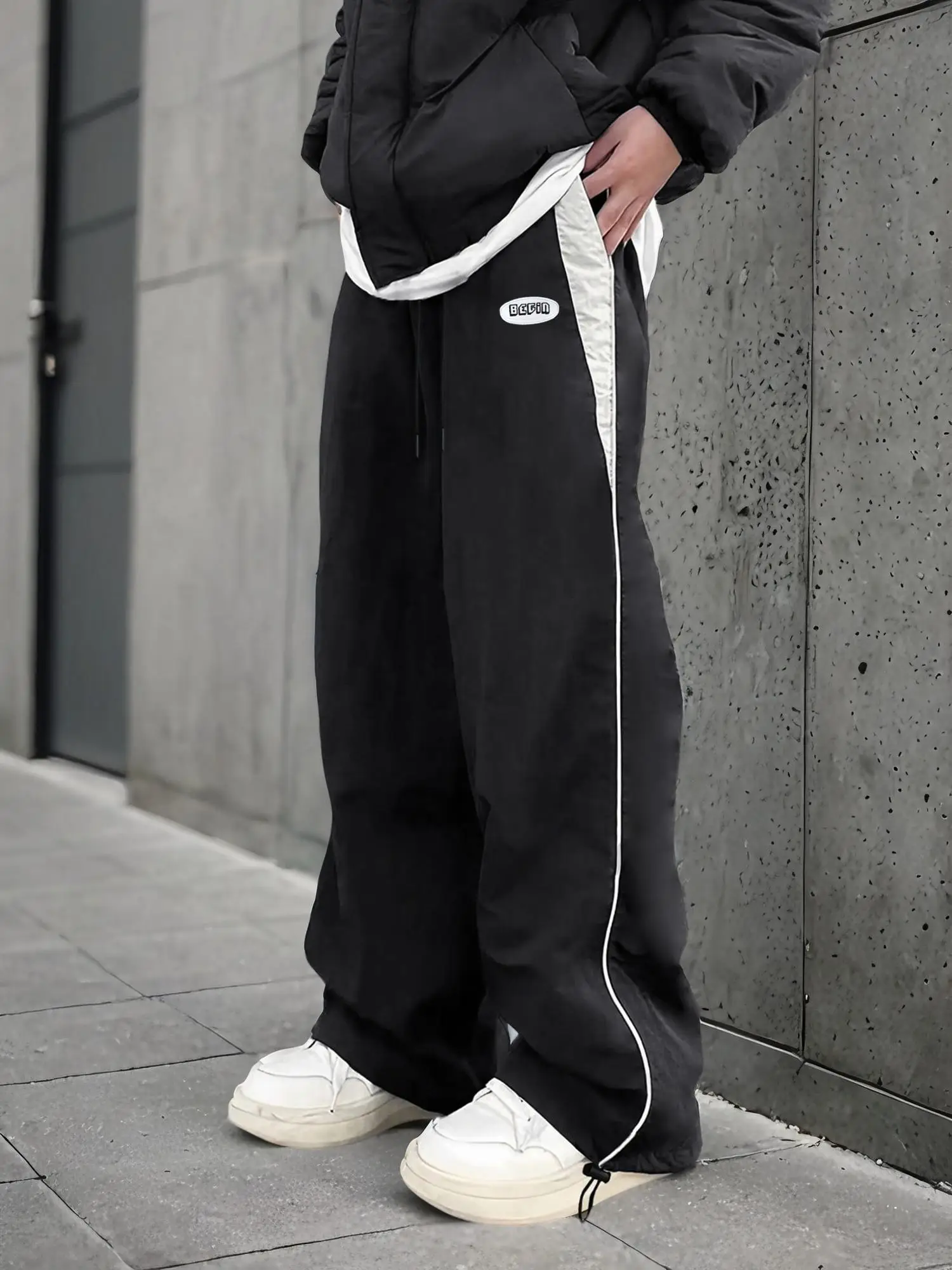 Unisex Colorblock Patched Drawstring Waist Wide Leg Pants, Men's Casual Street Baggy Jeans, Loose Pocket Trousers for Daily Wear, Menswear Bottoms for