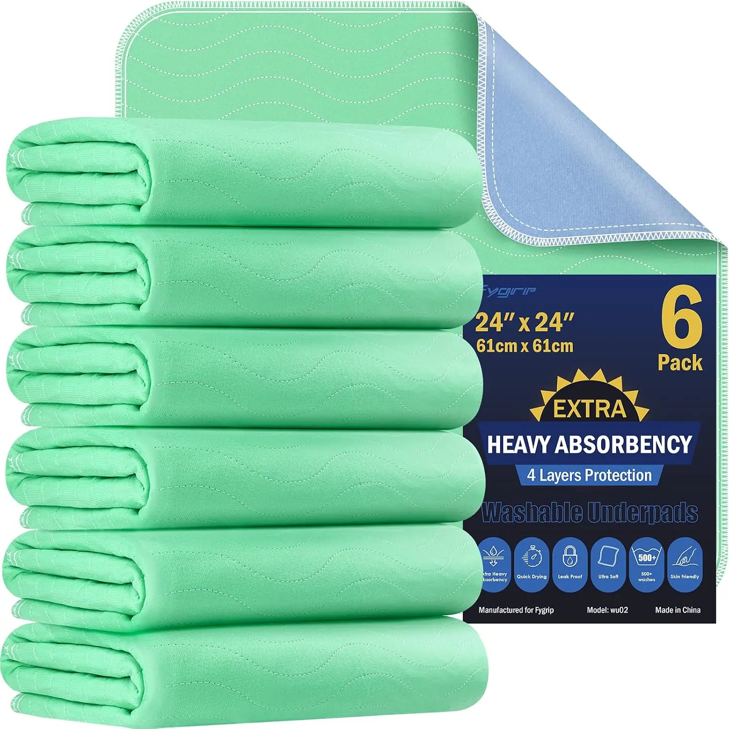 Fygrip 6 Pack 24” x 24” Extra Heavy Absorbency Washable Underpads Bed Pads