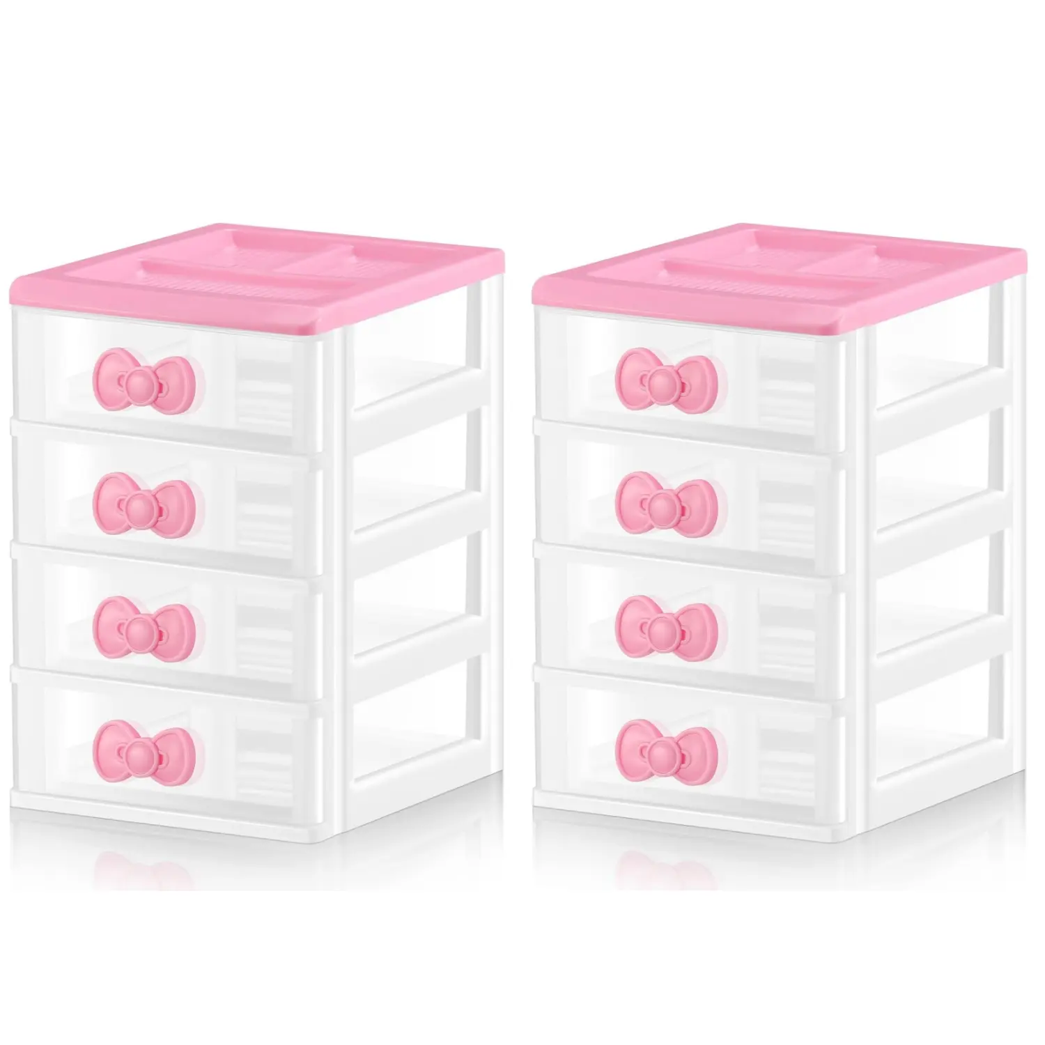 2 Pack Storage Cabinets Kawaii Makeup Organizer 4 Layers Cute Storage Cabinet Box with Bow Handle Plastic Desktop Storage Box for Home Bedroom Bathroom Women Gifts
